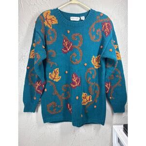 Vintage Weathervane Dark Teal Fall Autumn Leaves Handknit Oversized Sweater Sz M